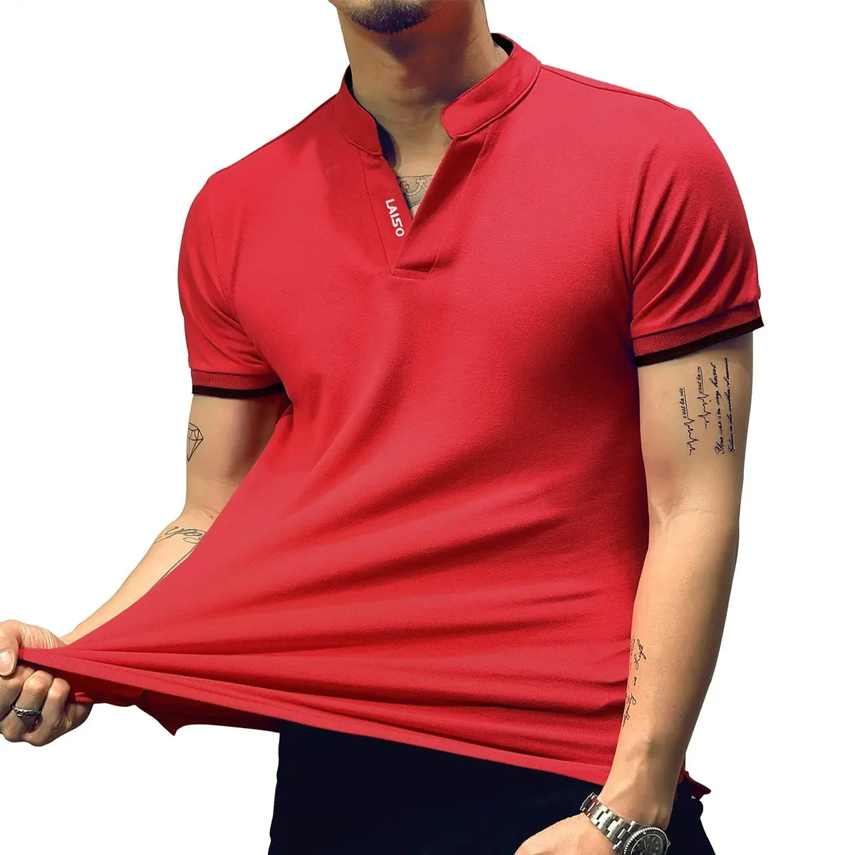 LOGEEYAR Mens Short-Sleeve Slim Fit Cotton Pique Polo Shirt | Classic V-Neck, Red, Small - view 5