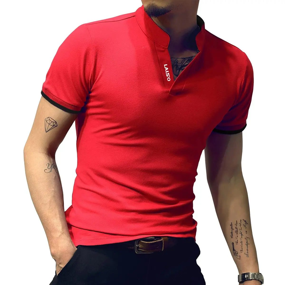 LOGEEYAR Mens Short-Sleeve Slim Fit Cotton Pique Polo Shirt | Classic V-Neck, Red, Small - view 2