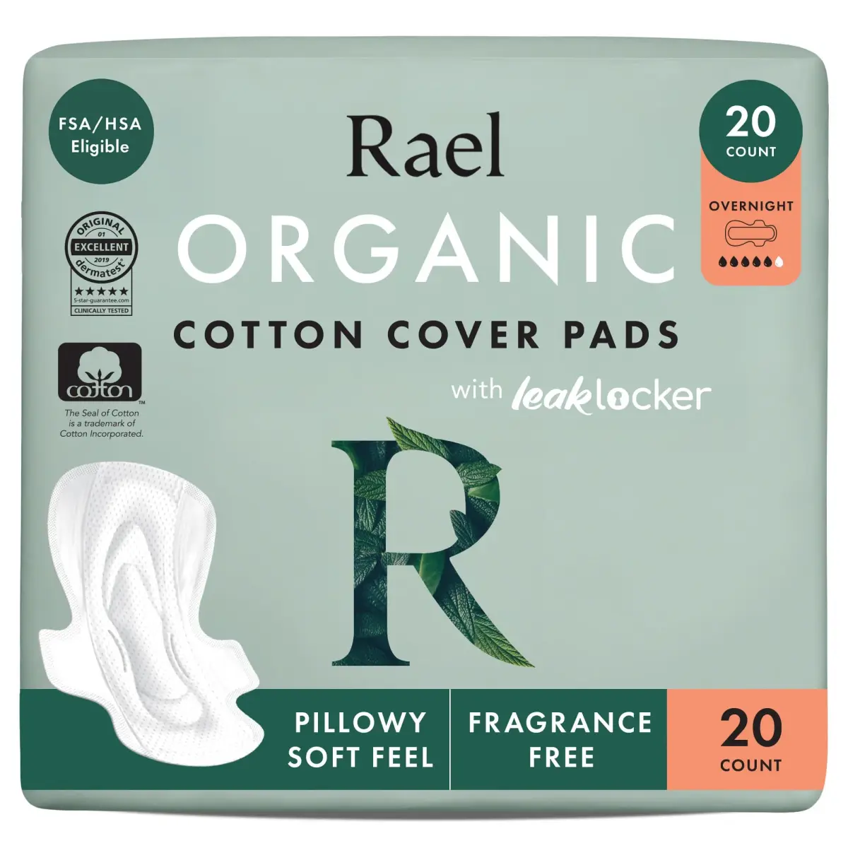 Rael Organic Cotton Cover Sanitary Pads for Women, Heavy Overnight 20 Ct | Made with 100% Organic Cotton - main product image