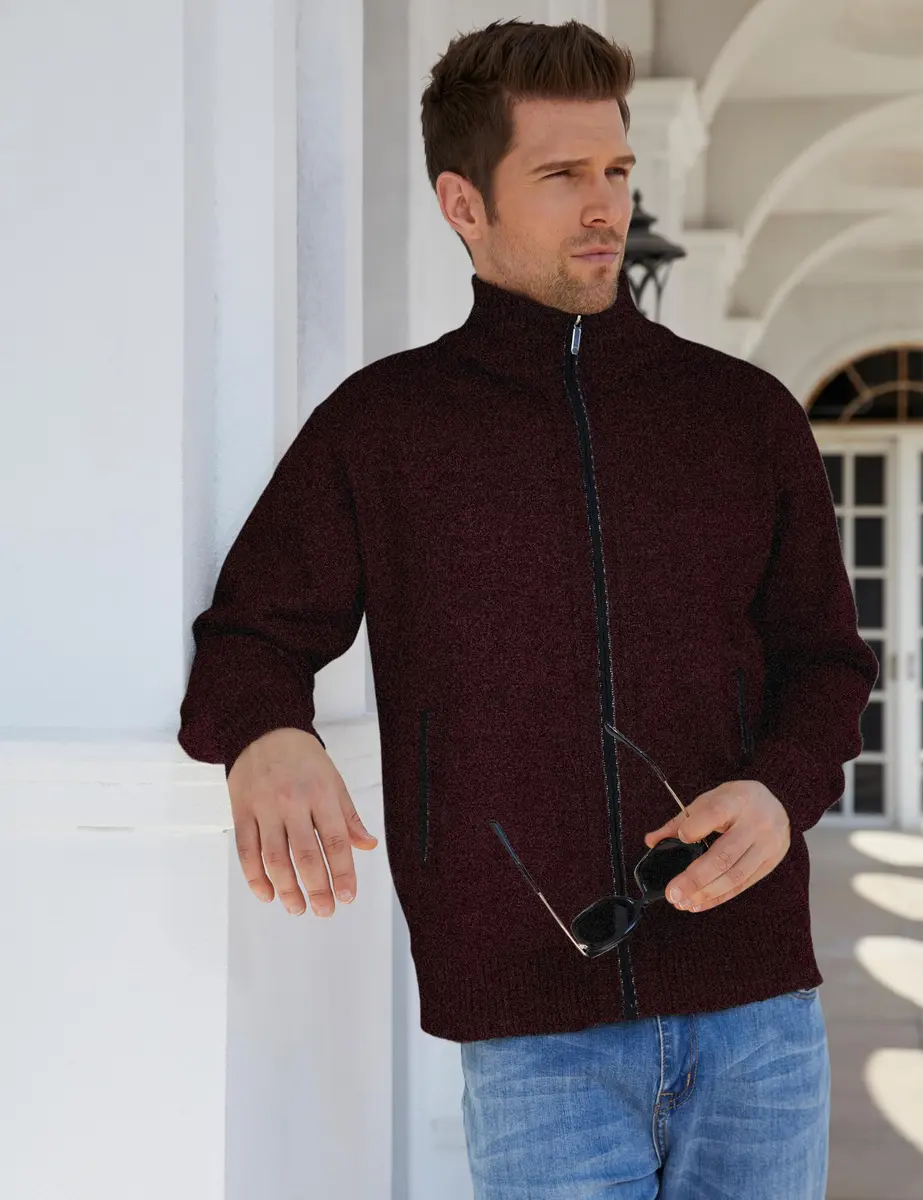 Yeokou Men's Slim Fit Zip Up Casual Knitted Cardigan Sweater with Pockets (Medium, Wine Red) | Soft Cashmere Wool Blend - view 8