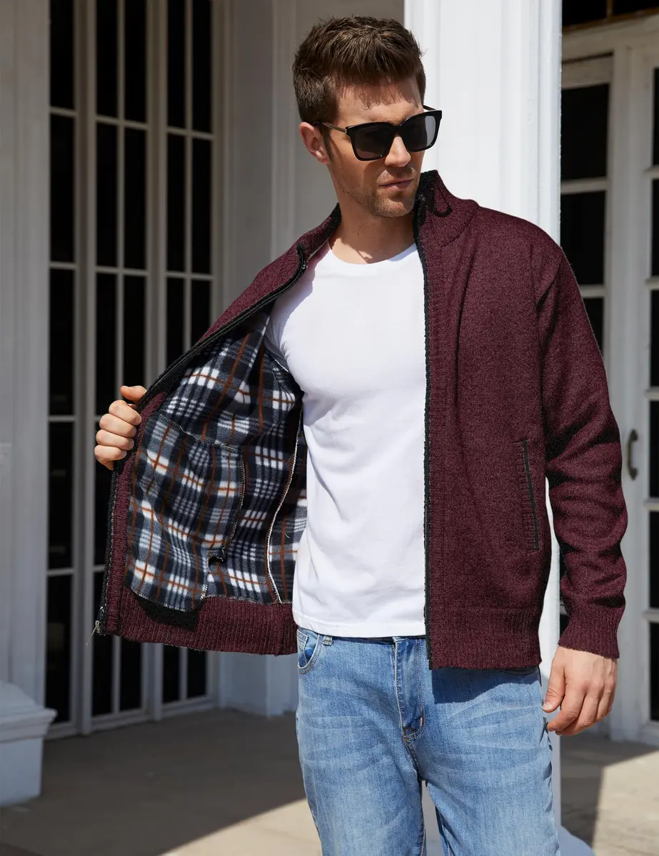Yeokou Men's Slim Fit Zip Up Casual Knitted Cardigan Sweater with Pockets (Medium, Wine Red) | Soft Cashmere Wool Blend - view 2