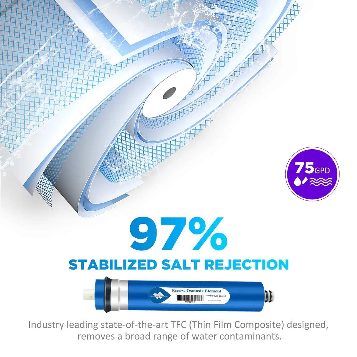 Membrane Solutions 75 GPD Reverse Osmosis Membrane | NSF/ANSI 58 Certified Water Filter for Home Use - view 3