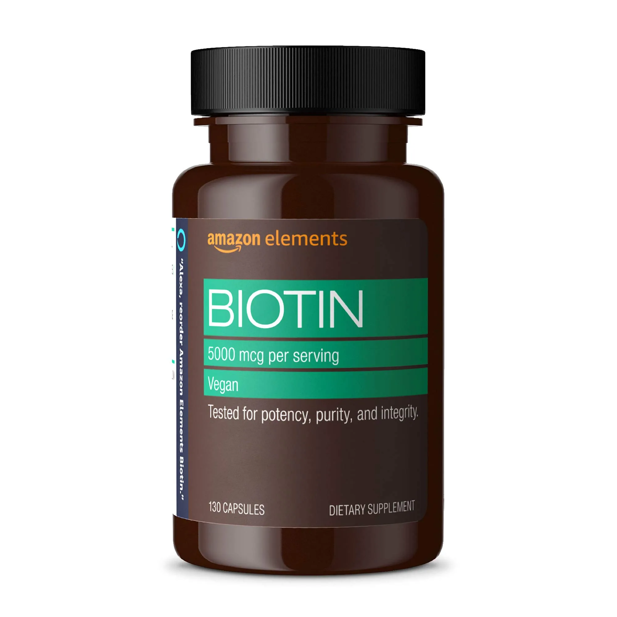 Amazon Elements Vegan Biotin 5000 mcg Capsules for Hair, Skin, and Nails | 4 Month Supply - main product image