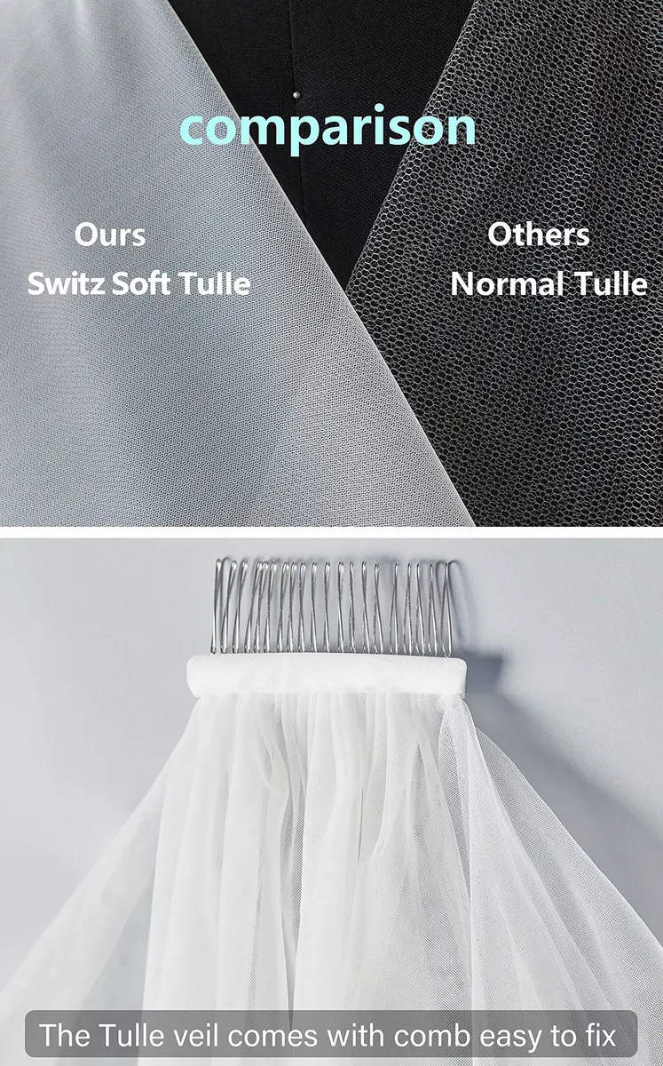 BEAUTELICATE Wedding Bridal Veil with Comb 1 Tier Cut Edge | Elegant 118" Cathedral Length Tulle - view 6