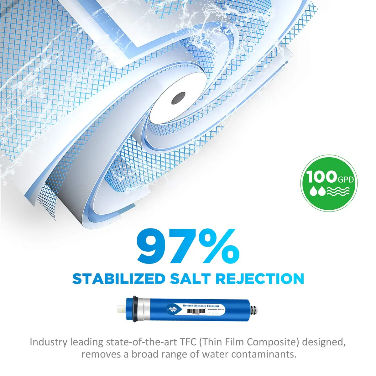 Membrane Solutions NSF/ANSI 58 Certified 100 GPD Reverse Osmosis Membrane | Industry-Standard 11.75"x1.75" Water Filter Replacement - view 2