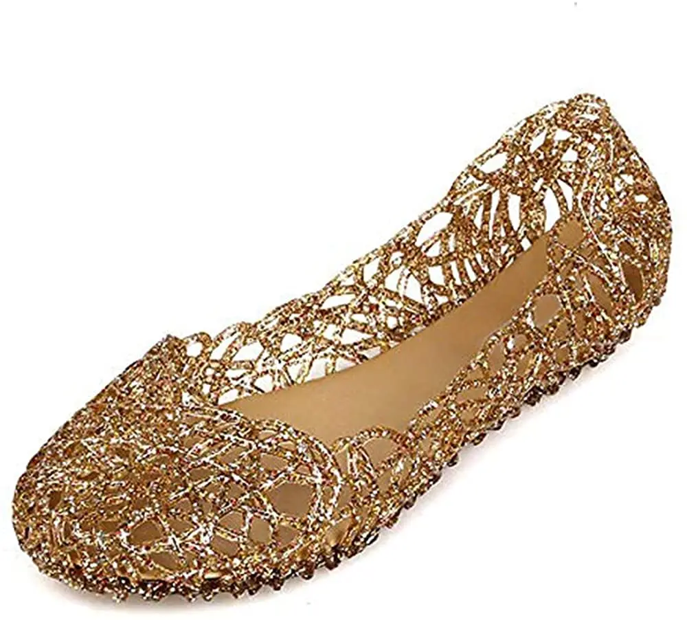 Domucos Flat Jelly Ballet Flats Gold | Breathable Synthetic, Round Toe, Slip-On, Glitter Loafers for Women - main product image