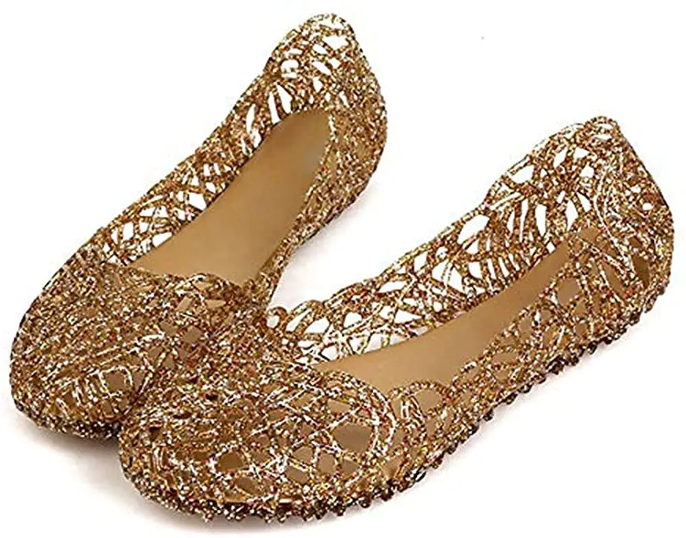 Domucos Flat Jelly Ballet Flats Gold | Breathable Synthetic, Round Toe, Slip-On, Glitter Loafers for Women - view 6