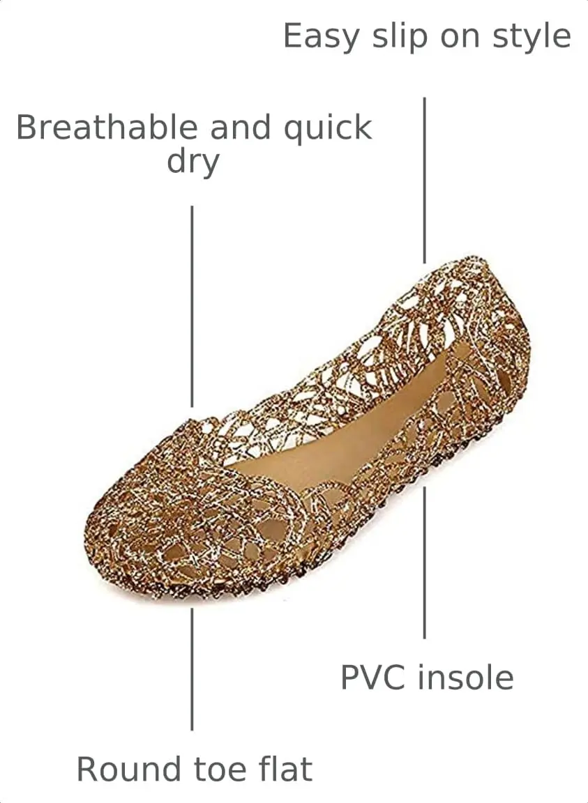 Domucos Flat Jelly Ballet Flats Gold | Breathable Synthetic, Round Toe, Slip-On, Glitter Loafers for Women - view 3