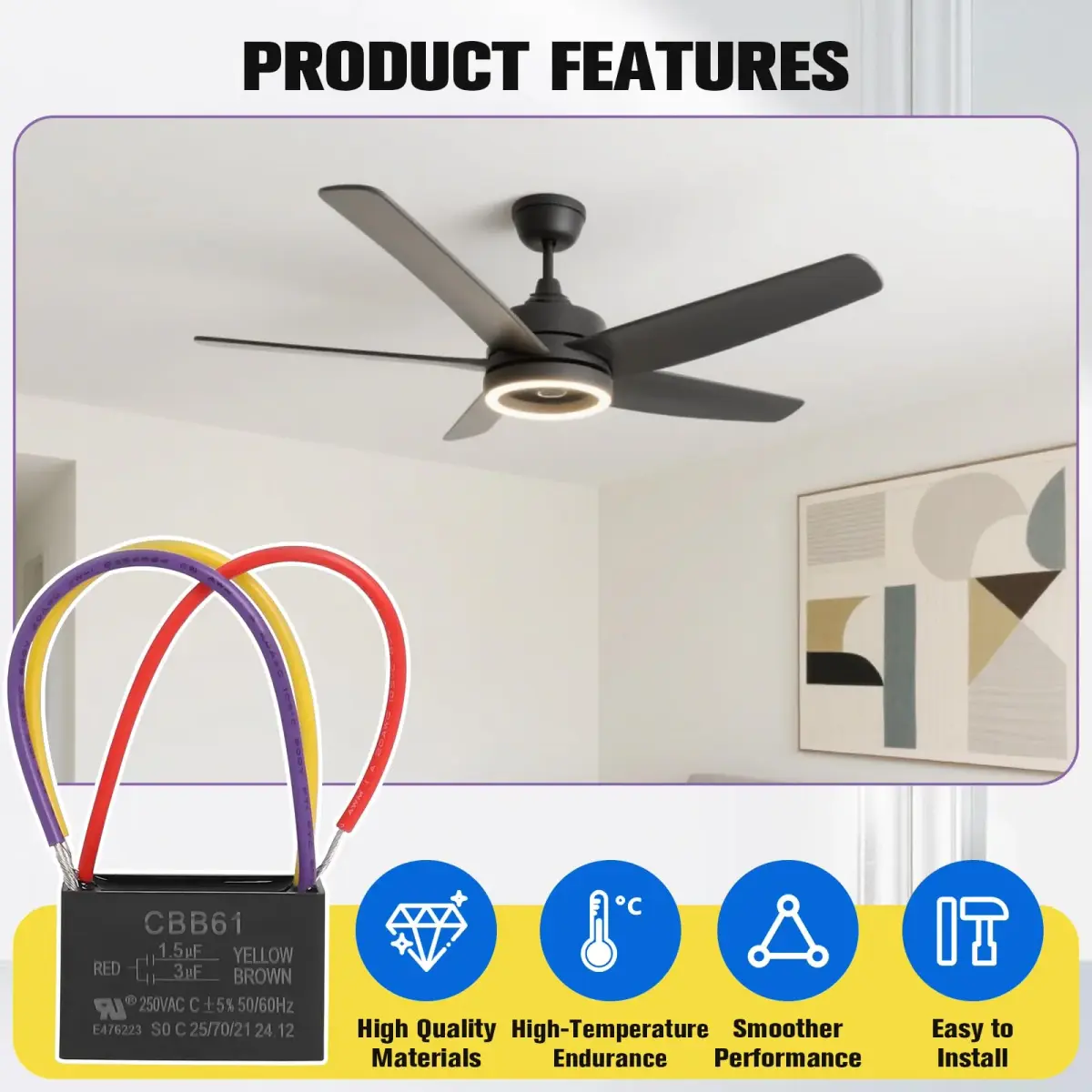 Podoy CBB61 Ceiling Fan Capacitor 1.5uf+3uf Dual Wire Pack of 2 | 250VAC Rated for Smooth Fan Operation - view 5