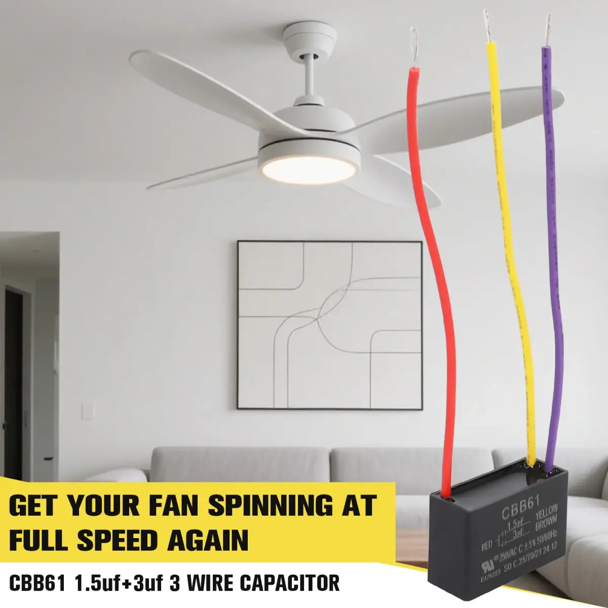 Podoy CBB61 Ceiling Fan Capacitor 1.5uf+3uf Dual Wire Pack of 2 | 250VAC Rated for Smooth Fan Operation - view 7
