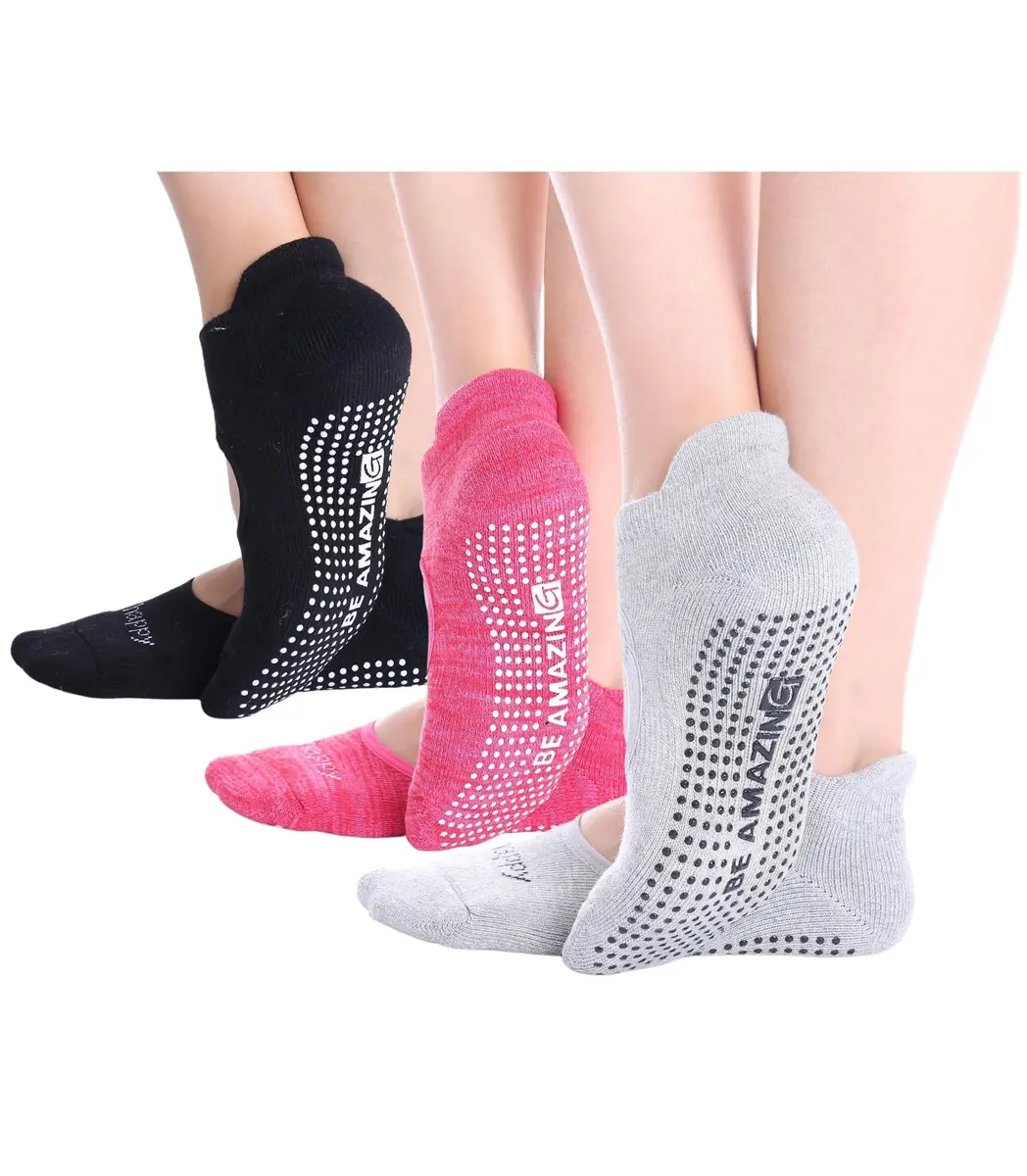 Live Happy Be Healthy Pilates Socks with Grips for Women Non Slip | Toeless, Ankle Length, Cotton, 3 Pairs - main product image