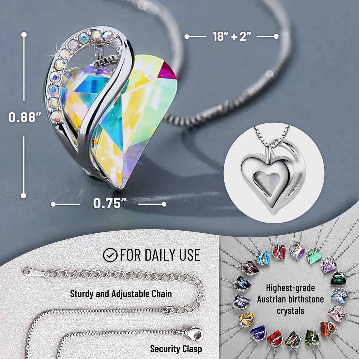Leafael Infinity Love Heart Pendant Necklace 0.75" Crystal Birthstone Silver Plated 18" + 2" Chain - view 3