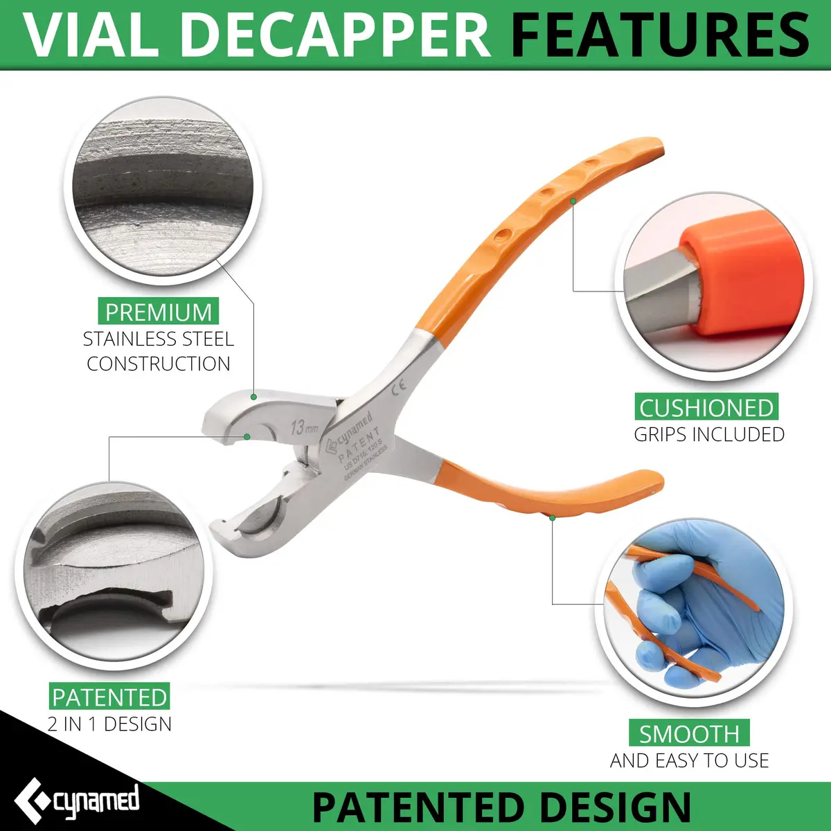 Cynamed Twin Action Decapper Pliers - Perfect for Decapping 13mm & 20mm Vials | German Stainless Steel - view 4