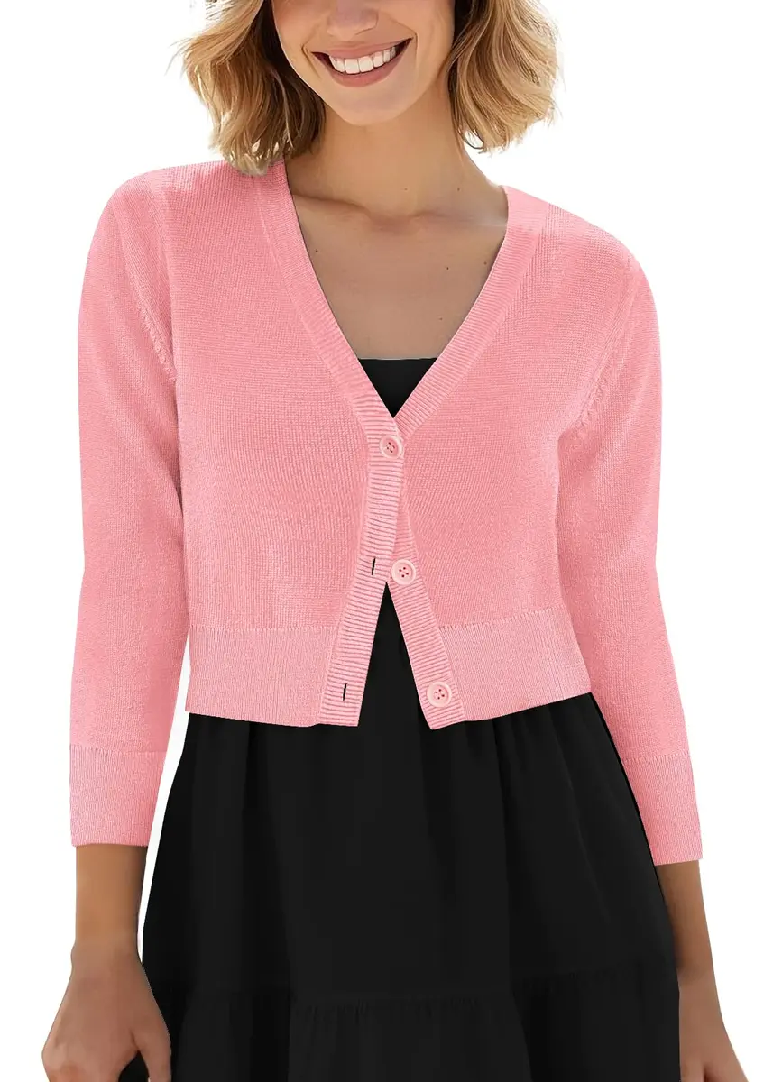 Urban CoCo Women's Cropped Cardigan V-Neck Button Down Sweater 3/4 Sleeve (M, Pink) | Lightweight & Breathable for Indian Climate - main product image