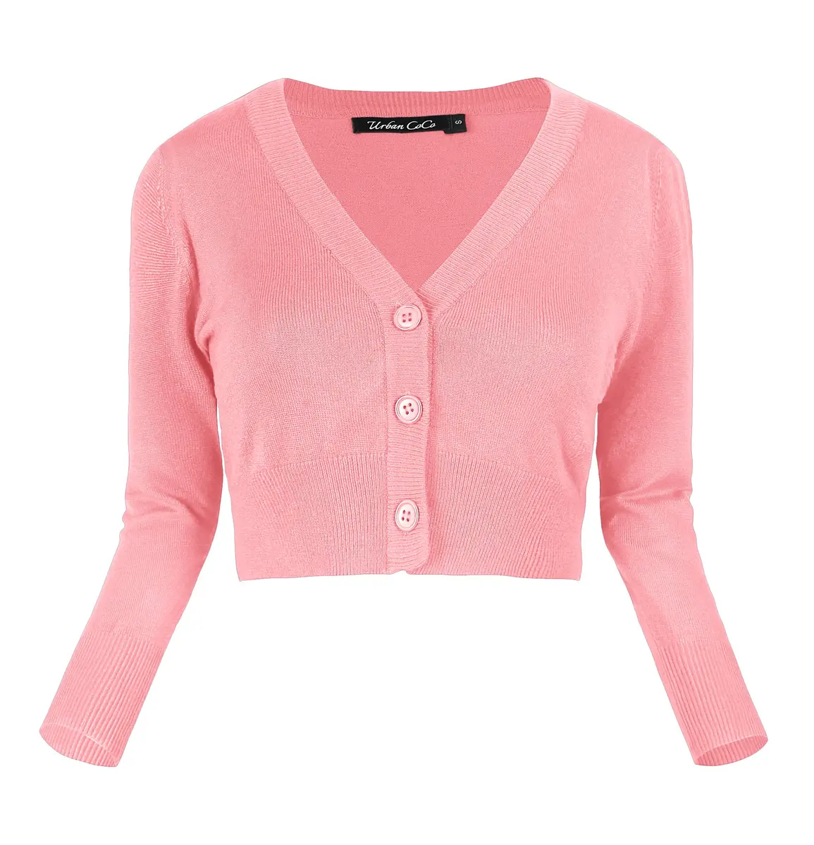 Urban CoCo Women's Cropped Cardigan V-Neck Button Down Sweater 3/4 Sleeve (M, Pink) | Lightweight & Breathable for Indian Climate - view 2