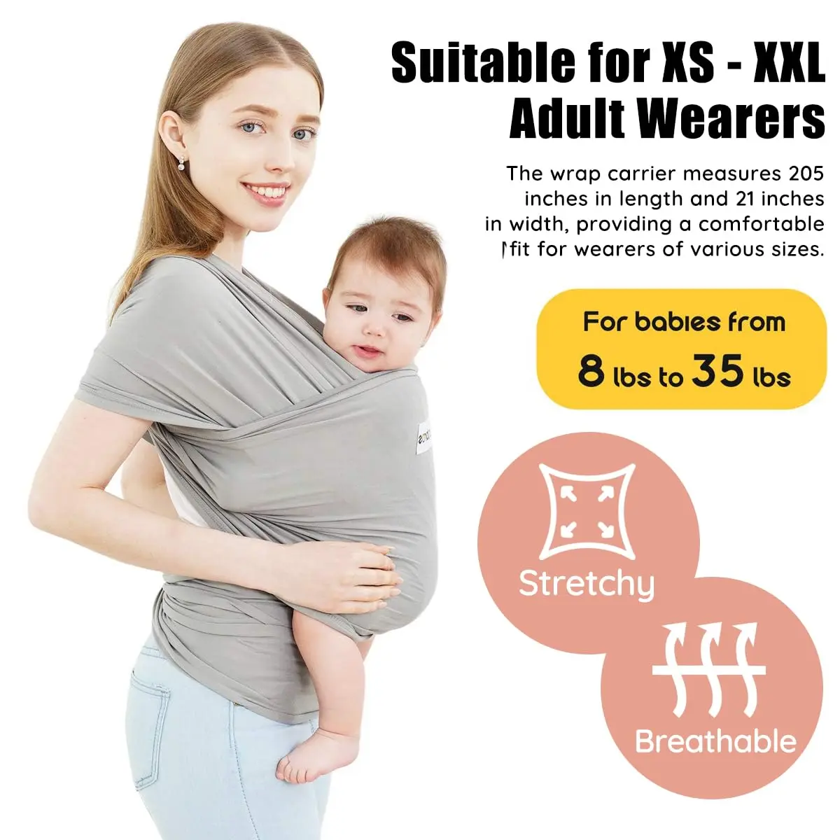 ACRABROS Baby Wrap Carrier Grey | Soft, Breathable, Hands-Free for Newborns to 35 lbs - view 2