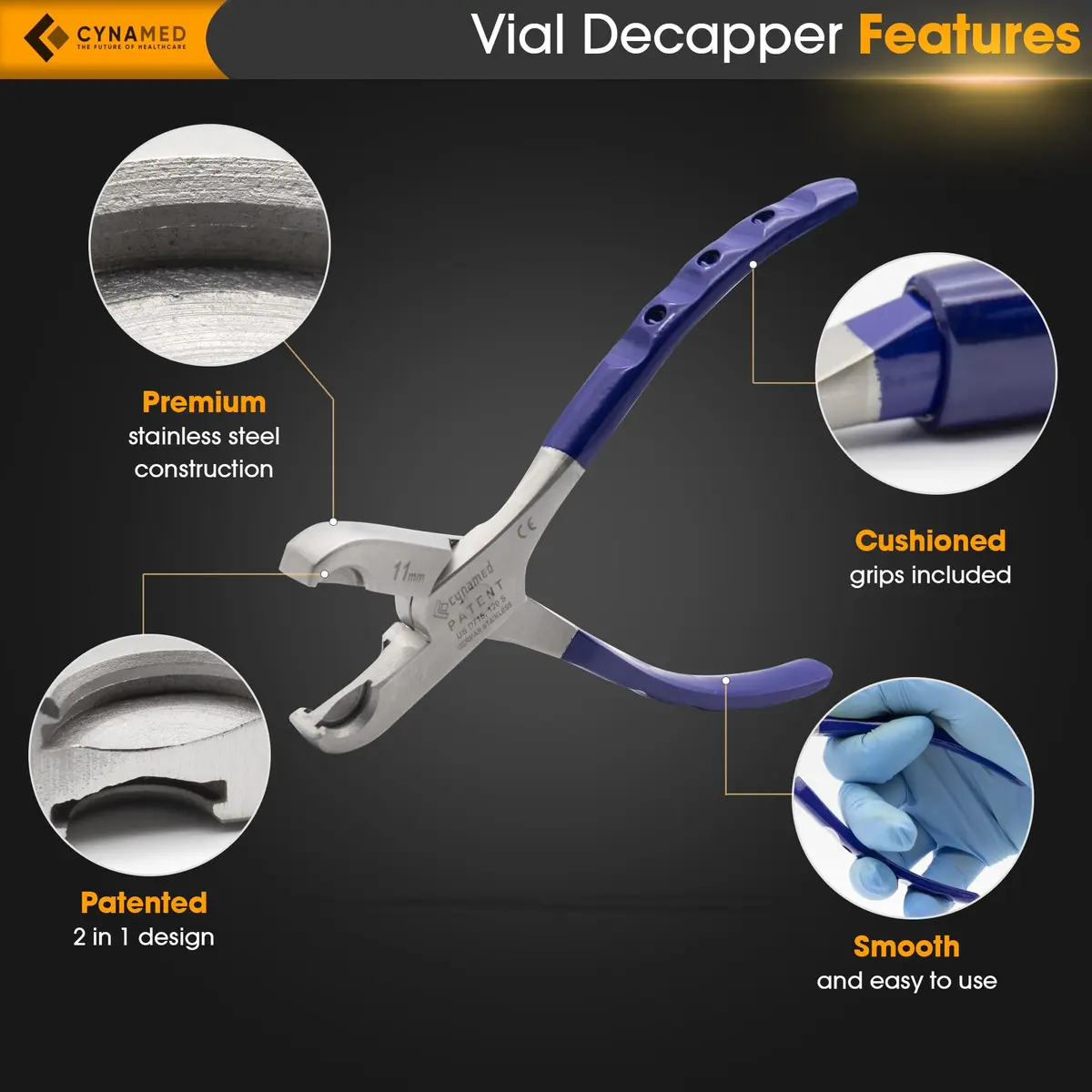 Cynamed 2-in-1 Vial Decapper - Professional Dual Action Aluminum Crimp Top Remover, Stainless Steel - 11mm/20mm | Easy & Durable - view 3