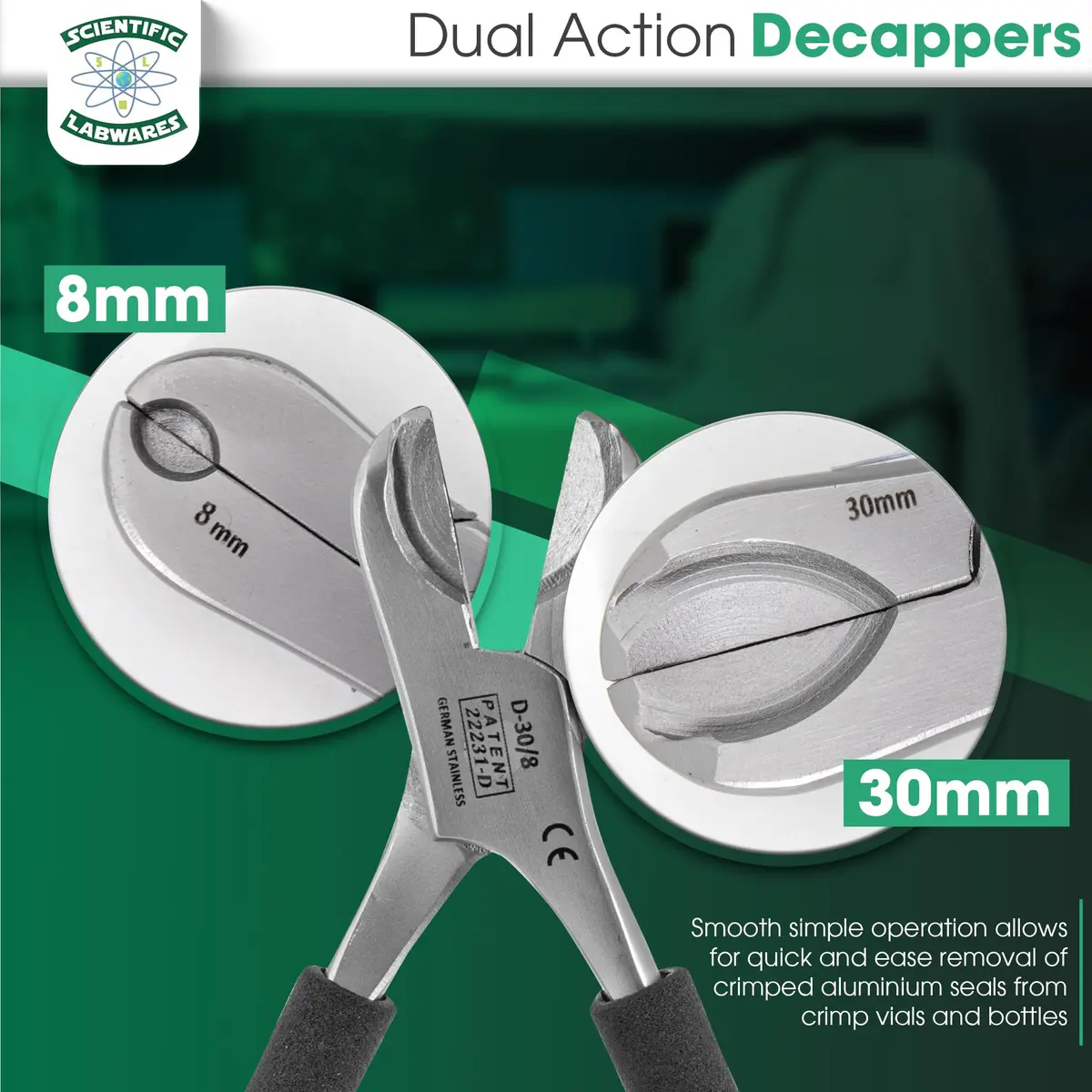 Scientific Labwares Dual Action Decapper Pliers for Crimped Vials and Bottles (8mm & 30mm) | Lab Supply - view 2