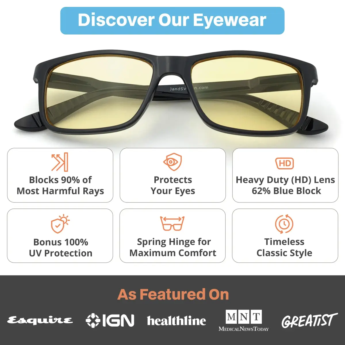 J+S Haka Rectangle Black Heavy Duty Blue Light Blocking Glasses - Medium Fit - view 2