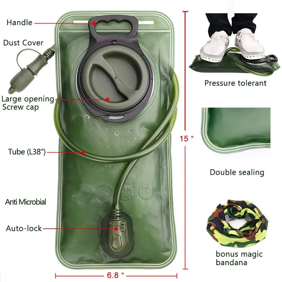 CHERINTI 2L Hydration Bladder with Tube | Military Green, 2L (67.6 Fl Oz) - view 2