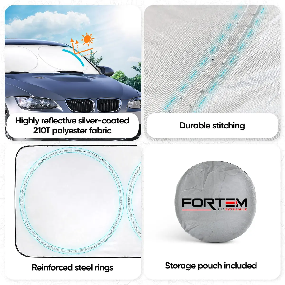 FORTEM Windshield Sun Shade - Standard Size (59" x 31" / 150cm x 79cm) | Blocks Heat & UV Rays - view 8