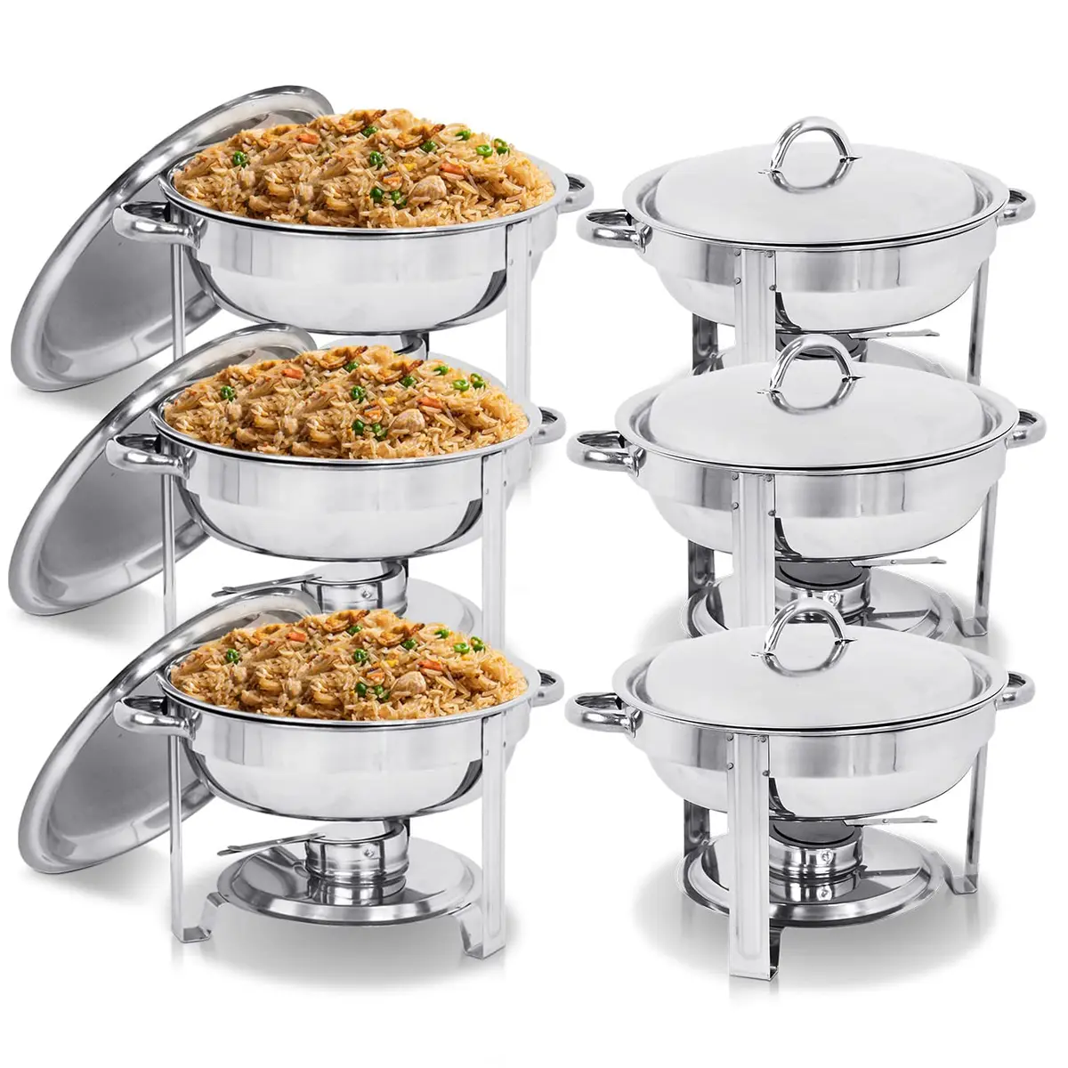 SUPER DEAL Pack of 6 Deluxe Full Size Round Stainless Steel Chafing Dishes 5 Qt | Durable Buffet Serving Set - main product image