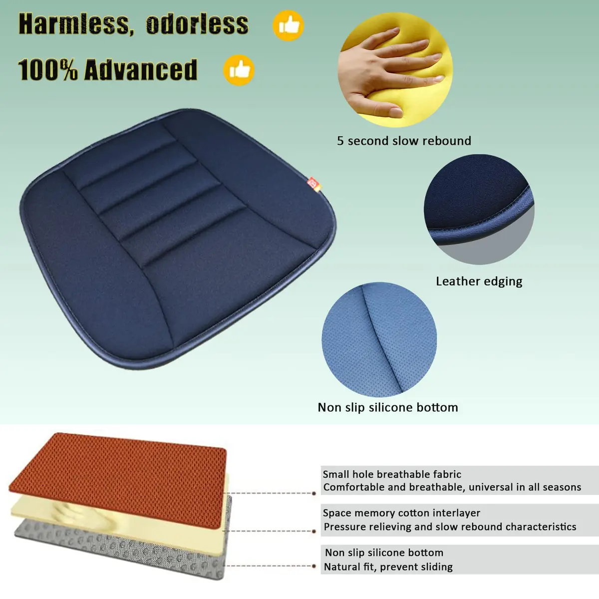 RaoRanDang Black Memory Foam Car Seat Cushion Pad | 54 cm x 46 cm x 3 cm - view 4