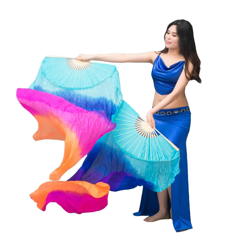 Nimiman Women 1 Pair Silk Belly Dance Fans Veil 180cm Length 90cm Width | Hand-Made Silk Dance Accessories - main product image