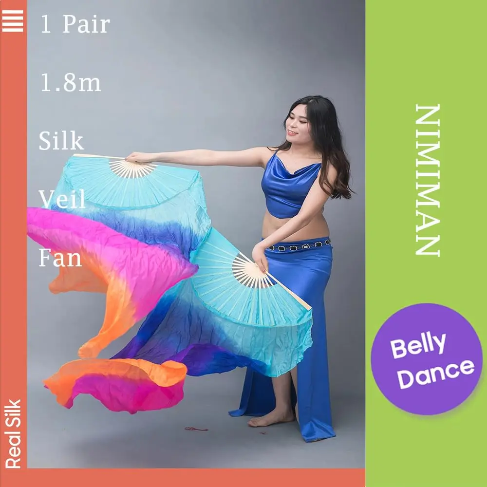 Nimiman Women 1 Pair Silk Belly Dance Fans Veil 180cm Length 90cm Width | Hand-Made Silk Dance Accessories - view 5