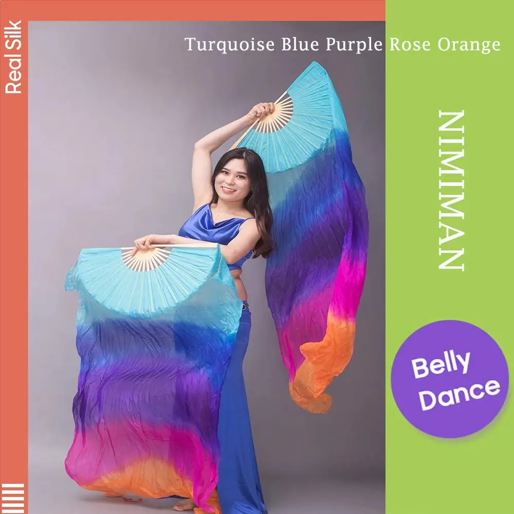 Nimiman Women 1 Pair Silk Belly Dance Fans Veil 180cm Length 90cm Width | Hand-Made Silk Dance Accessories - view 6