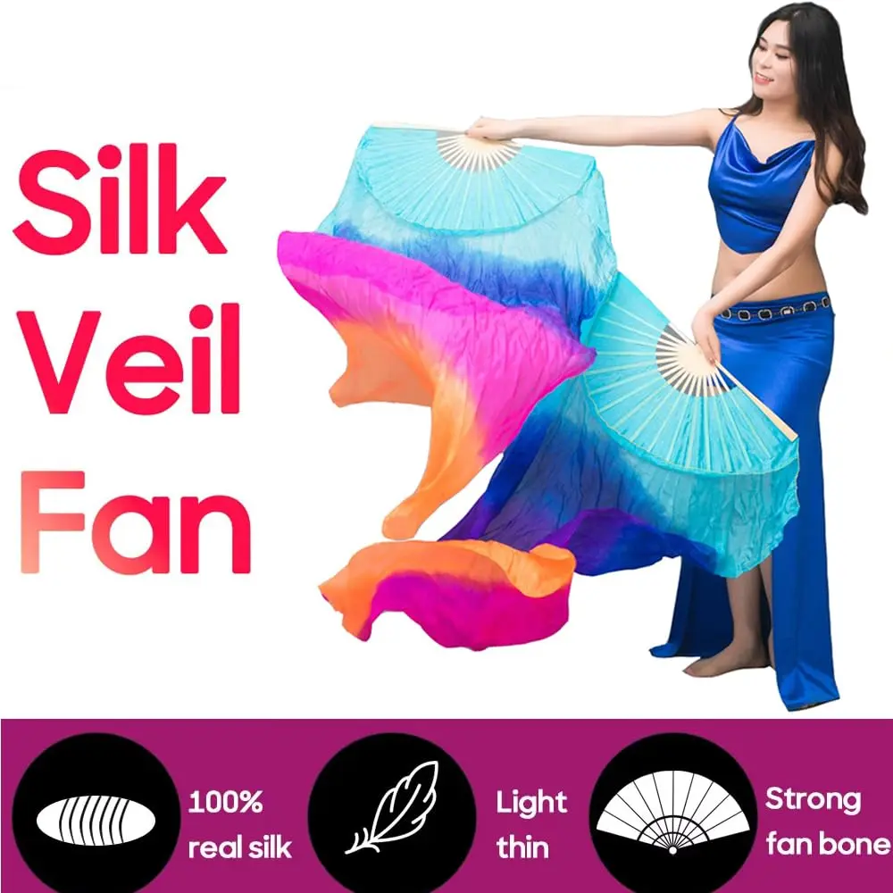 Nimiman Women 1 Pair Silk Belly Dance Fans Veil 180cm Length 90cm Width | Hand-Made Silk Dance Accessories - view 4
