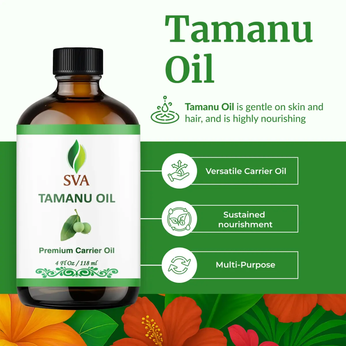 SVA ORGANICS Tamanu Oil 4 Fl Oz (118 mL) - Pure Carrier Oil for Face, Skin, Hair & Scalp - view 2