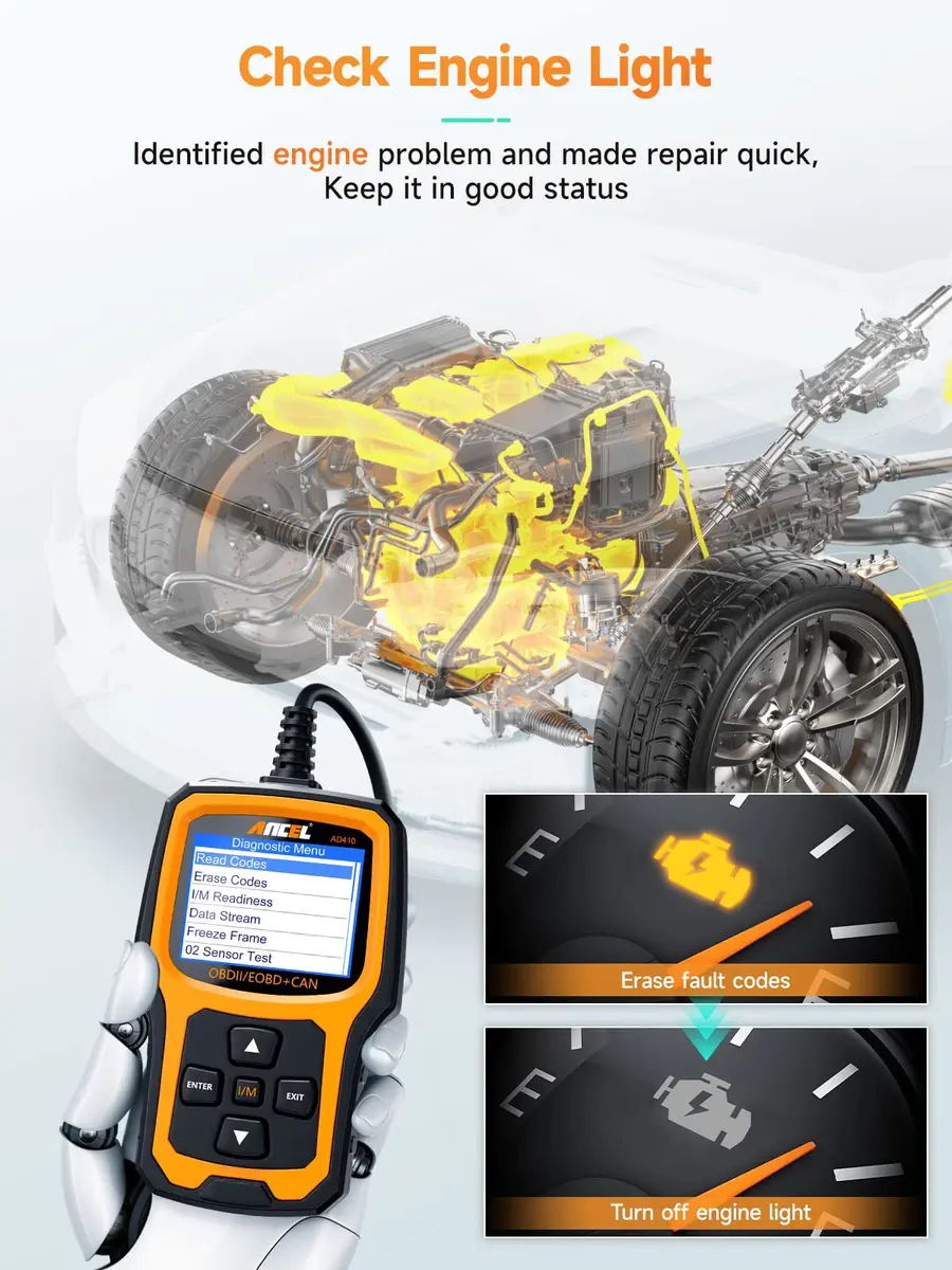 ANCEL AD410 Vehicle Scan Tool | Supports All 1996+ OBD2 Cars, Fault Code Reader, Live Data, Easy for Beginners - view 3
