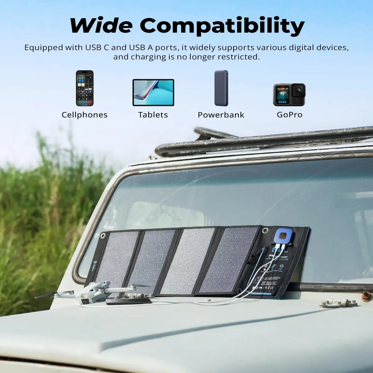 BigBlue 28W Solar Panel Charger 600g (1.3lb) | 25.4% High-Efficiency, USB-A/USB-C Ports, Digital Ammeter - view 5