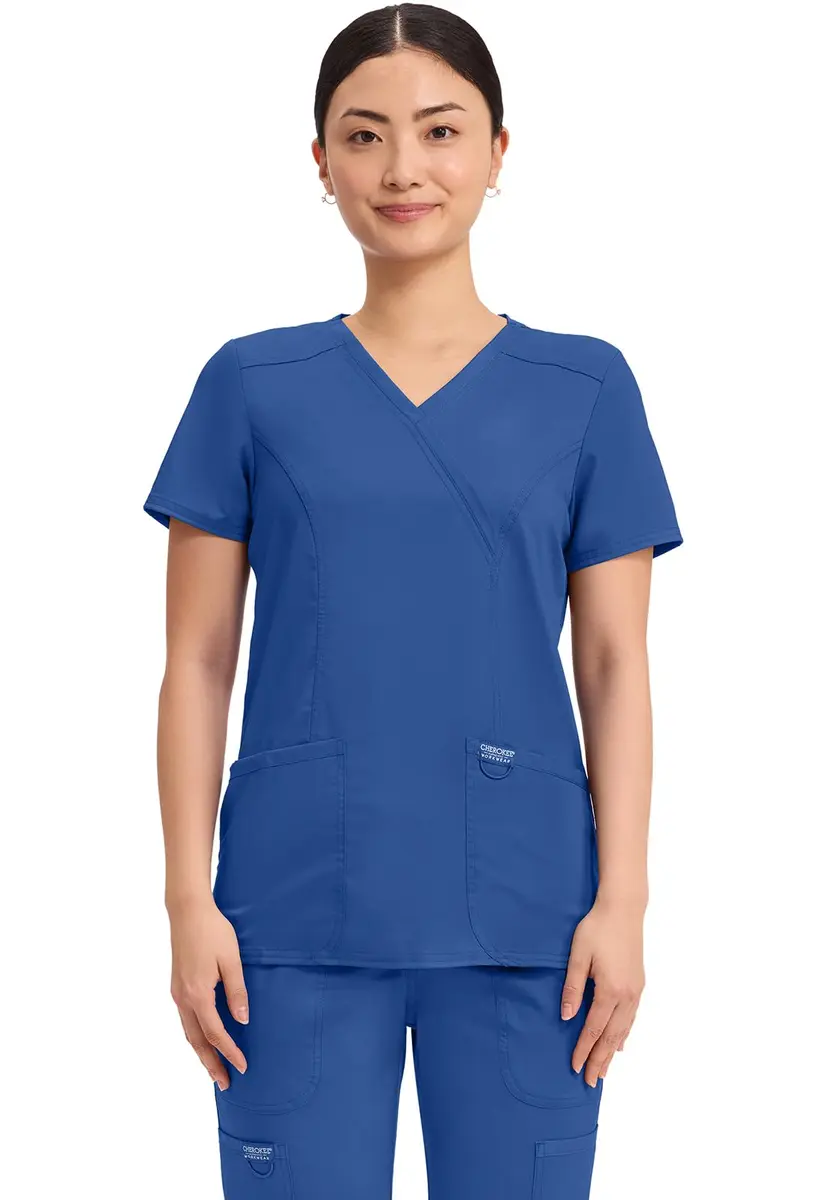 Cherokee Women Scrubs Top Workwear Revolution Mock Wrap WW610, L, Galaxy Blue | Durable, Stretchy, Professional Fit - main product image