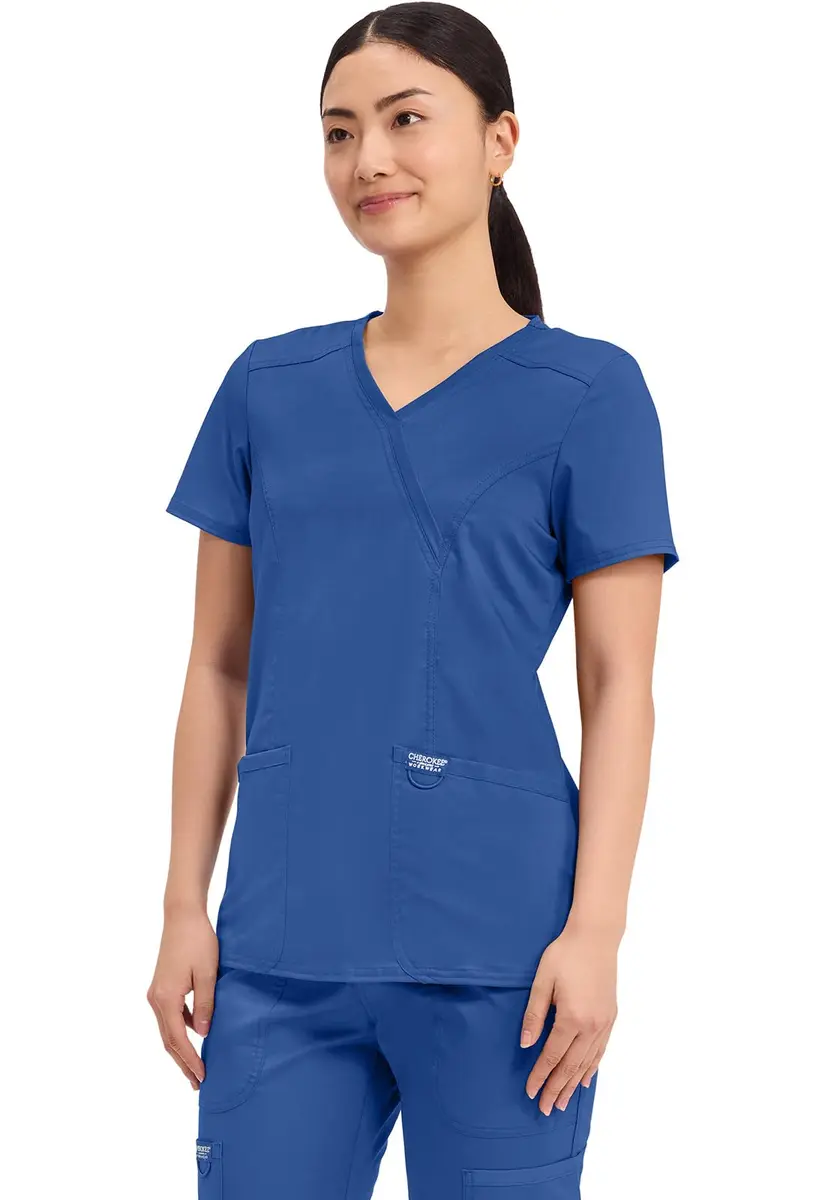 Cherokee Women Scrubs Top Workwear Revolution Mock Wrap WW610, L, Galaxy Blue | Durable, Stretchy, Professional Fit - view 2