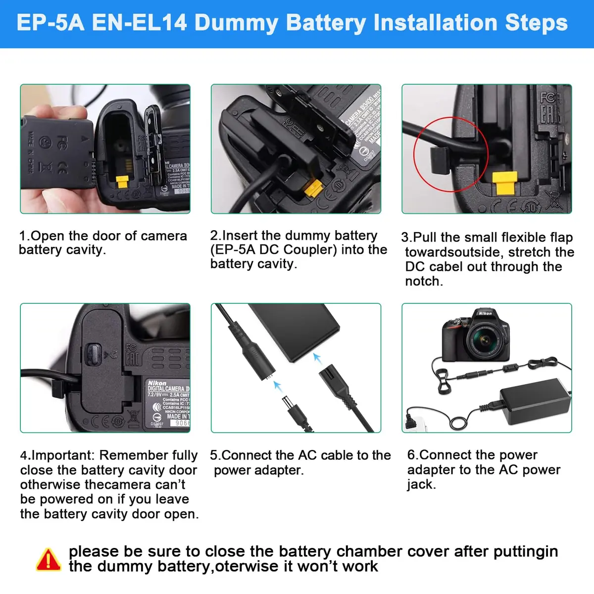 TKDY EN-EL14 Dummy Battery EH-5 Power Adapter EP-5A DC Coupler for Nikon D5600 D5500 D5300 D5200 D5100 D3100 D3200 D3300 D3400 Df P7000 P7100 P7700 P7800 Cameras | Continuous Power for Studio Photography - view 3