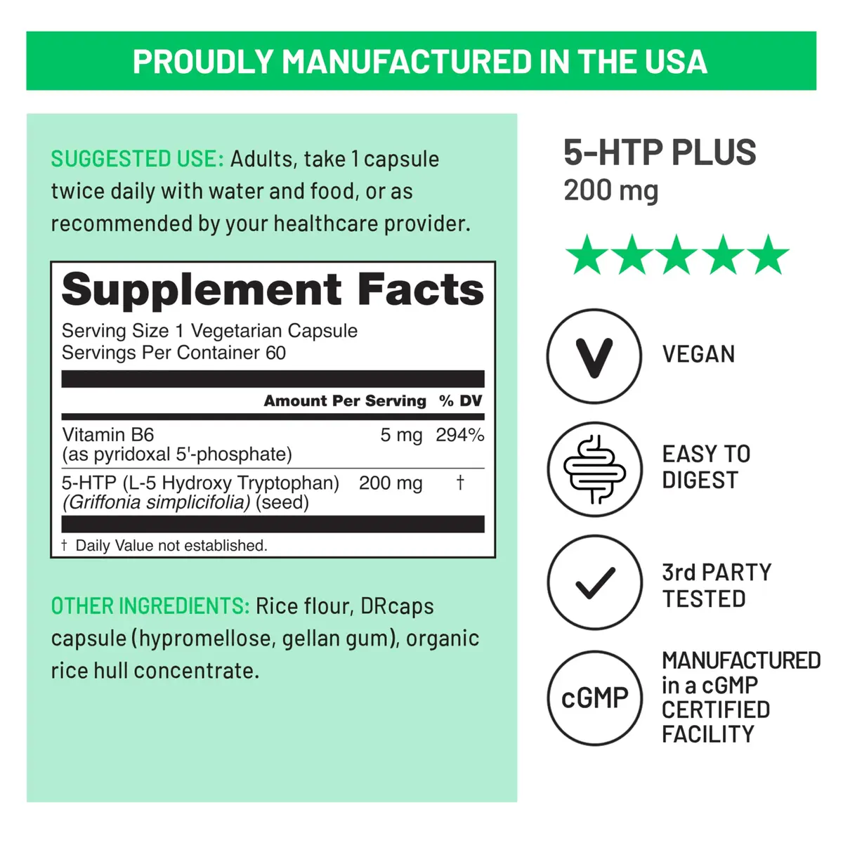 NatureWise 5-HTP 200mg Supplement, Mood & Sleep Support, 60 Vegan Capsules | Vegan, Plant-Based, USA Sourced - view 4