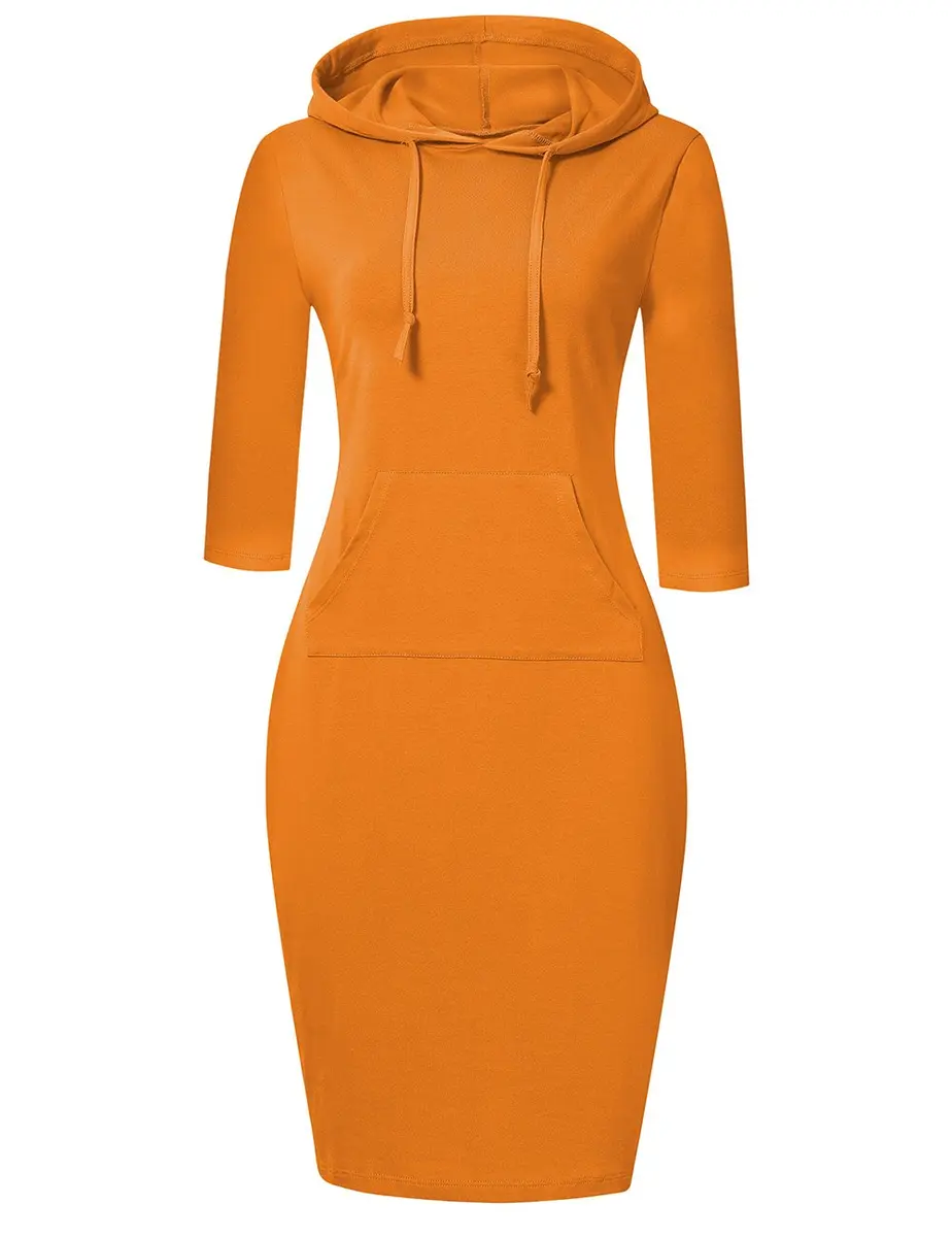 MISSKY Women 3 4 Sleeve Pocket Slim Sweatshirt Pullover Hoodies Dress (M,Orange) | Casual Slim Fit - main product image