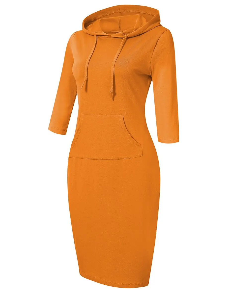 MISSKY Women 3 4 Sleeve Pocket Slim Sweatshirt Pullover Hoodies Dress (M,Orange) | Casual Slim Fit - view 2