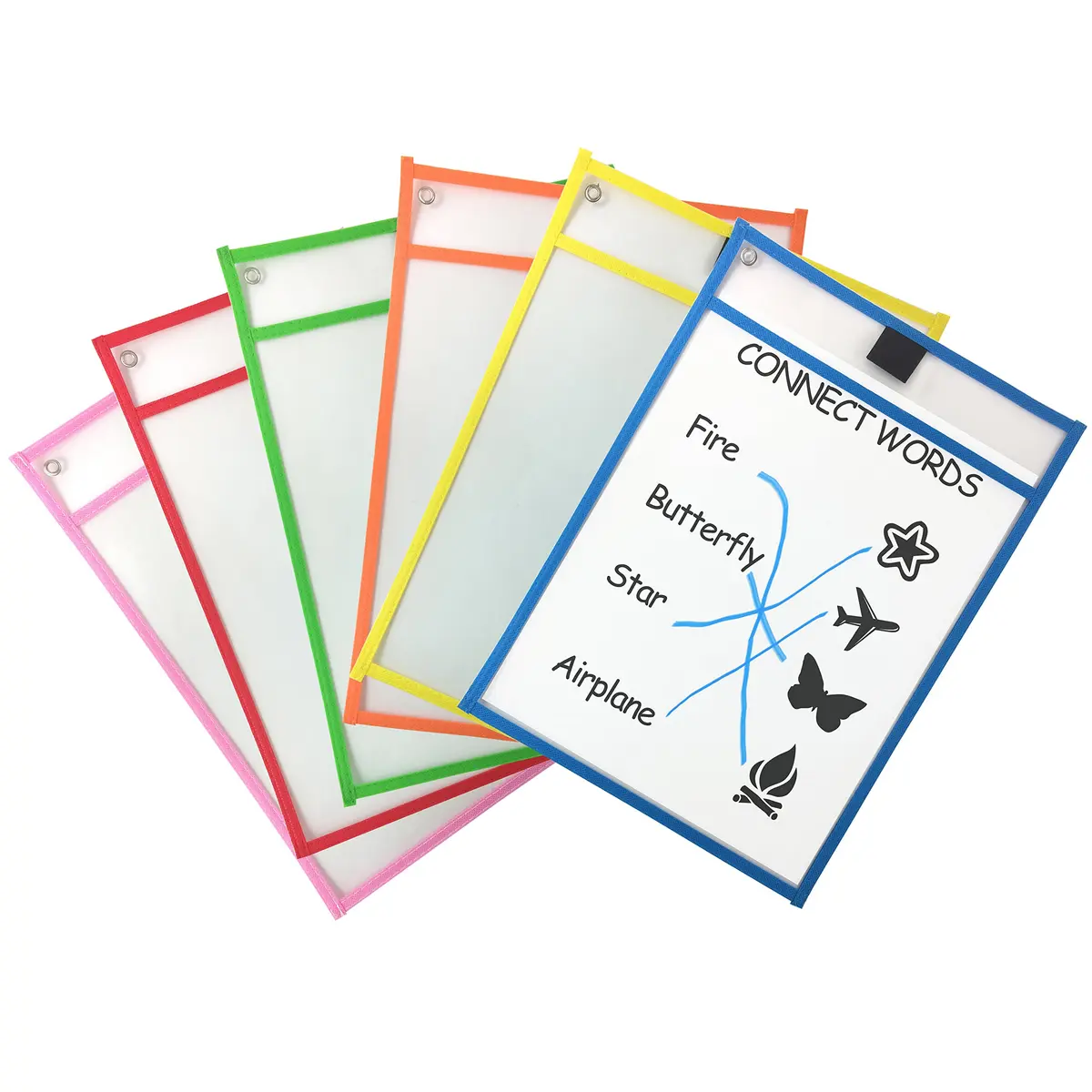 Clipco Assorted Colors Dry Erase Pocket Sleeves 6-Pack | Reusable Worksheet Protectors for Teachers & Students - main product image