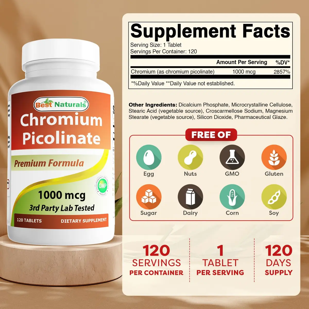 Best Naturals Chromium Picolinate 1000 mcg | 2 Pack of 120 Tablets for Metabolism Support in India - view 2