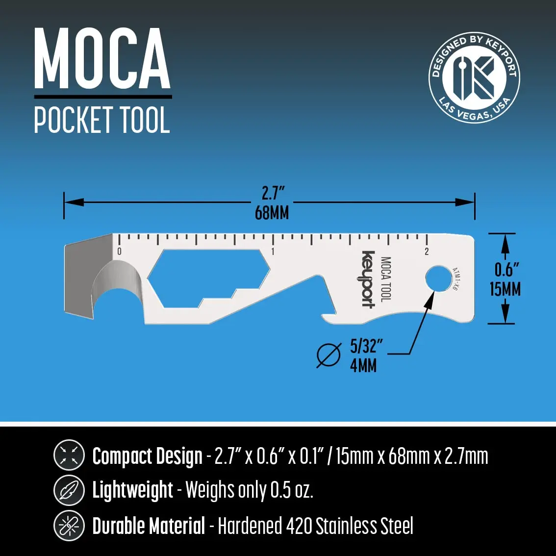 Keyport MOCA 10-in-1 Keychain Multitool - Flat EDC Key Tool - Silver | 2.7" (6.86 cm) Ruler & Wrench Set - view 6