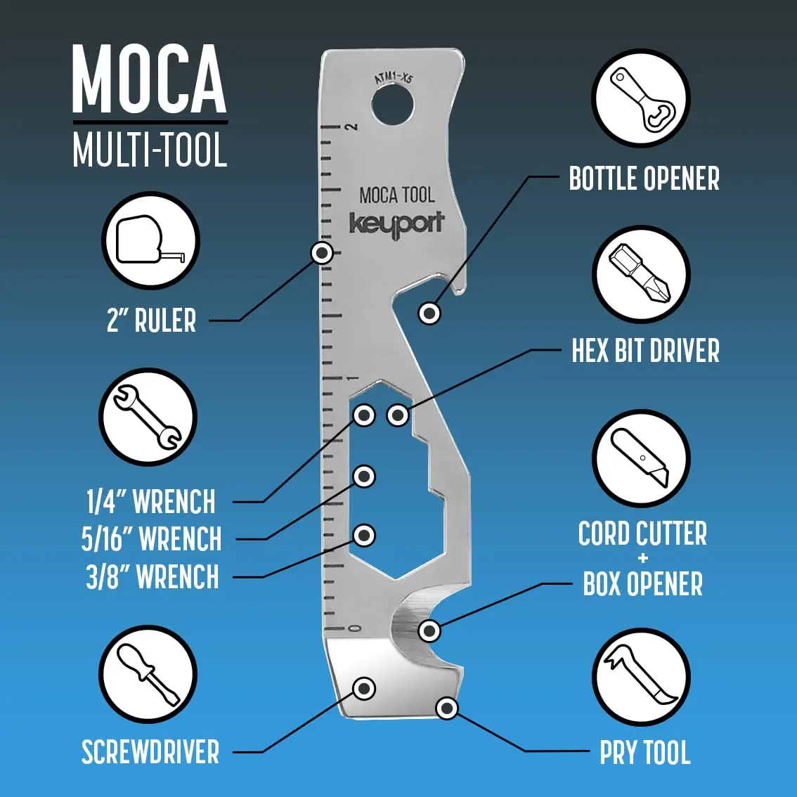 Keyport MOCA 10-in-1 Keychain Multitool - Flat EDC Key Tool - Silver | 2.7" (6.86 cm) Ruler & Wrench Set - view 3