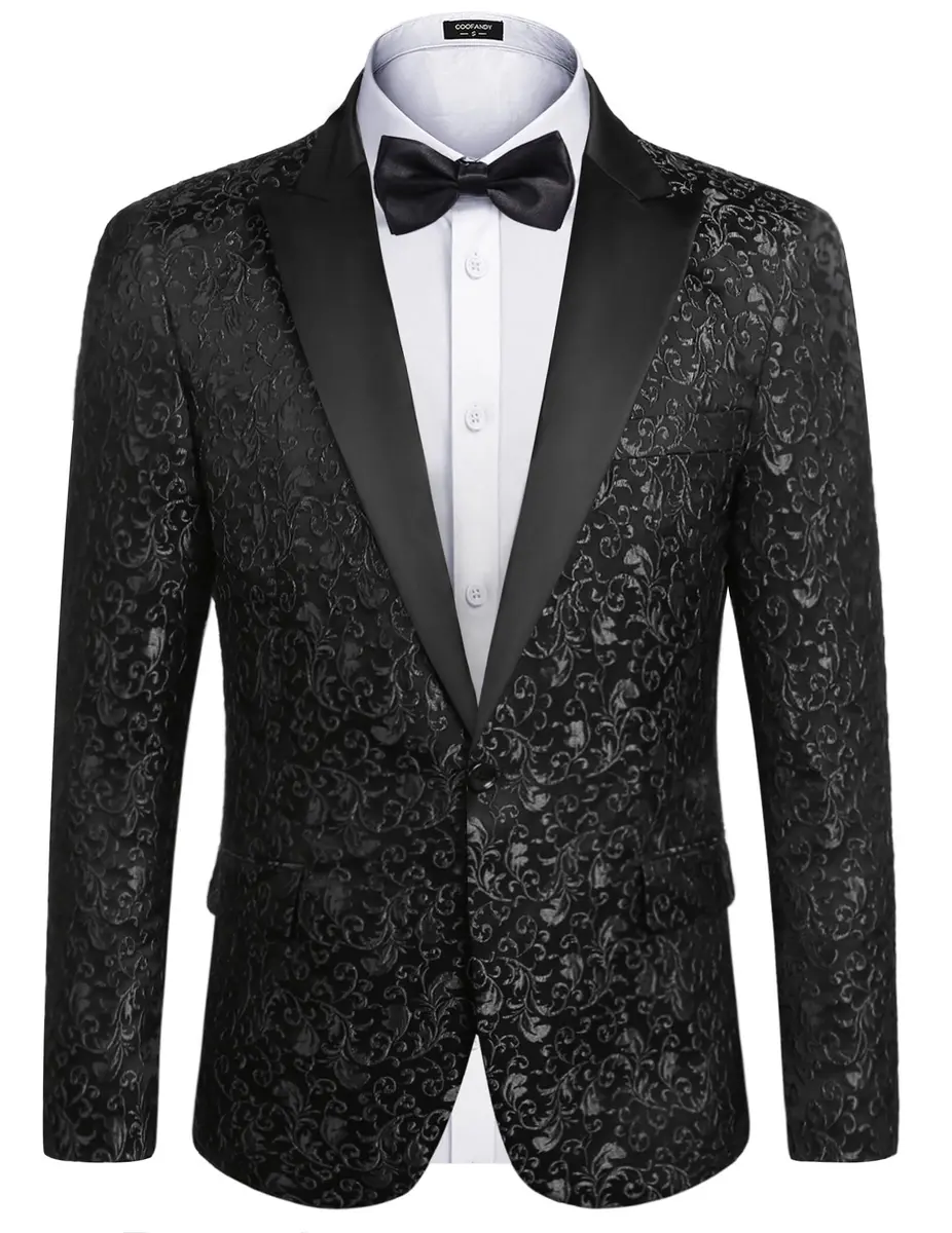 COOFANDY Men's Floral Party Dress Suit Stylish Dinner Jacket Wedding Blazer One Button Tuxedo, Black, US M | Elegant Floral Jacquard - main product image