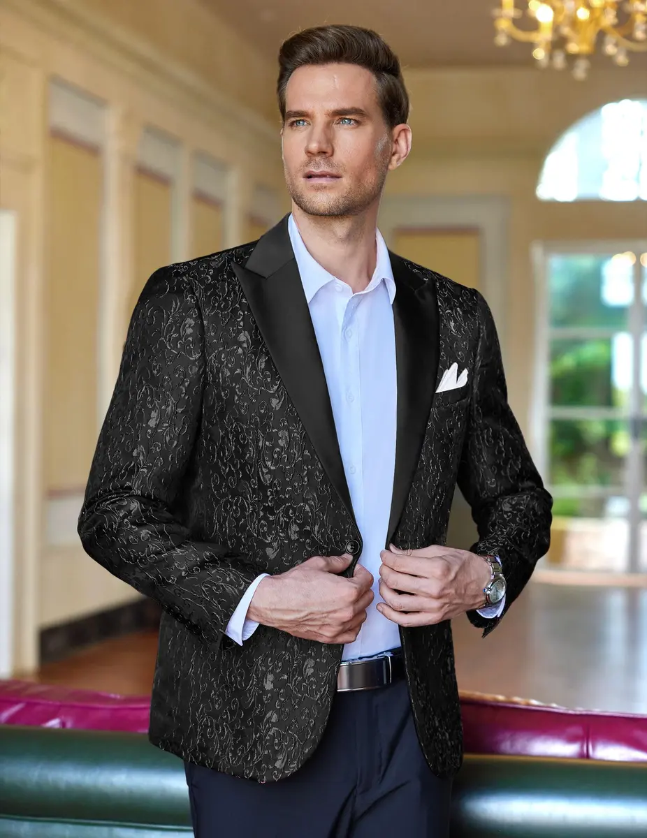 COOFANDY Men's Floral Party Dress Suit Stylish Dinner Jacket Wedding Blazer One Button Tuxedo, Black, US M | Elegant Floral Jacquard - view 3