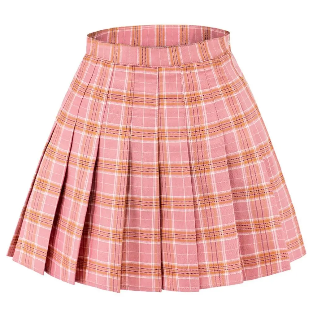 DAZCOS High Waist Pleated Plaid Skirt with Shorts | Casual Women's Mini Skater Skirt in Pink - main product image