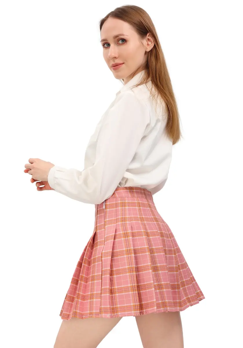 DAZCOS High Waist Pleated Plaid Skirt with Shorts | Casual Women's Mini Skater Skirt in Pink - view 5