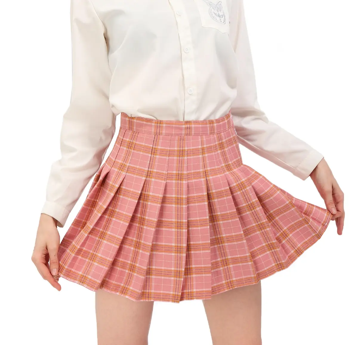 DAZCOS High Waist Pleated Plaid Skirt with Shorts | Casual Women's Mini Skater Skirt in Pink - view 6