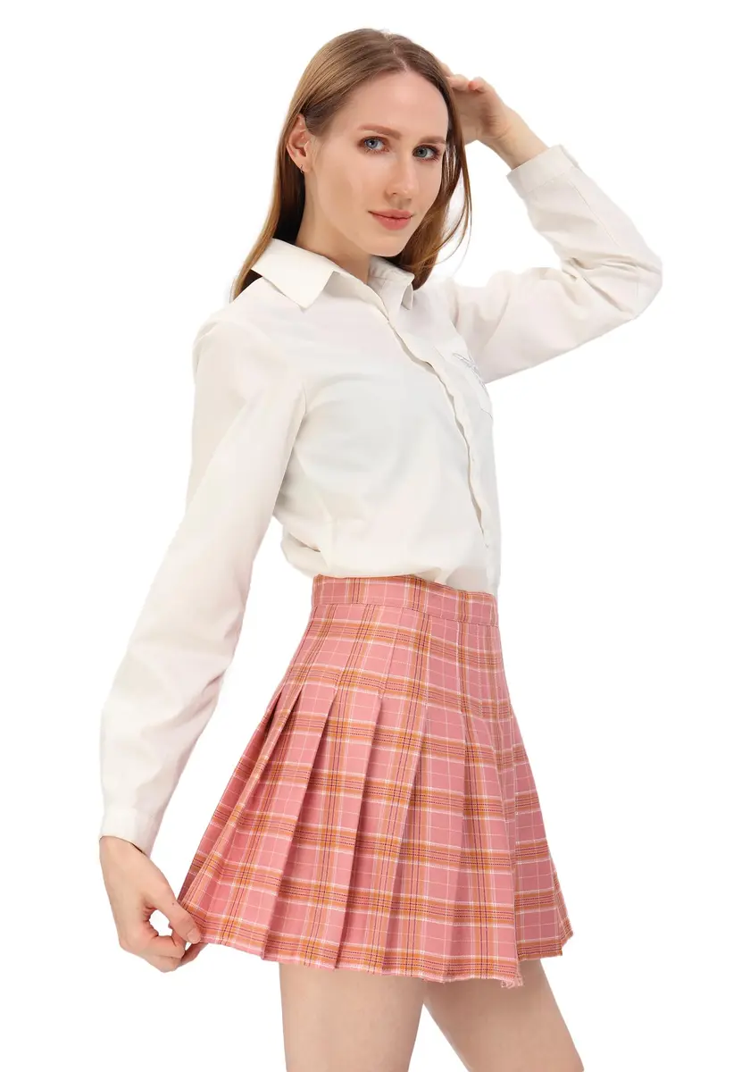 DAZCOS High Waist Pleated Plaid Skirt with Shorts | Casual Women's Mini Skater Skirt in Pink - view 7